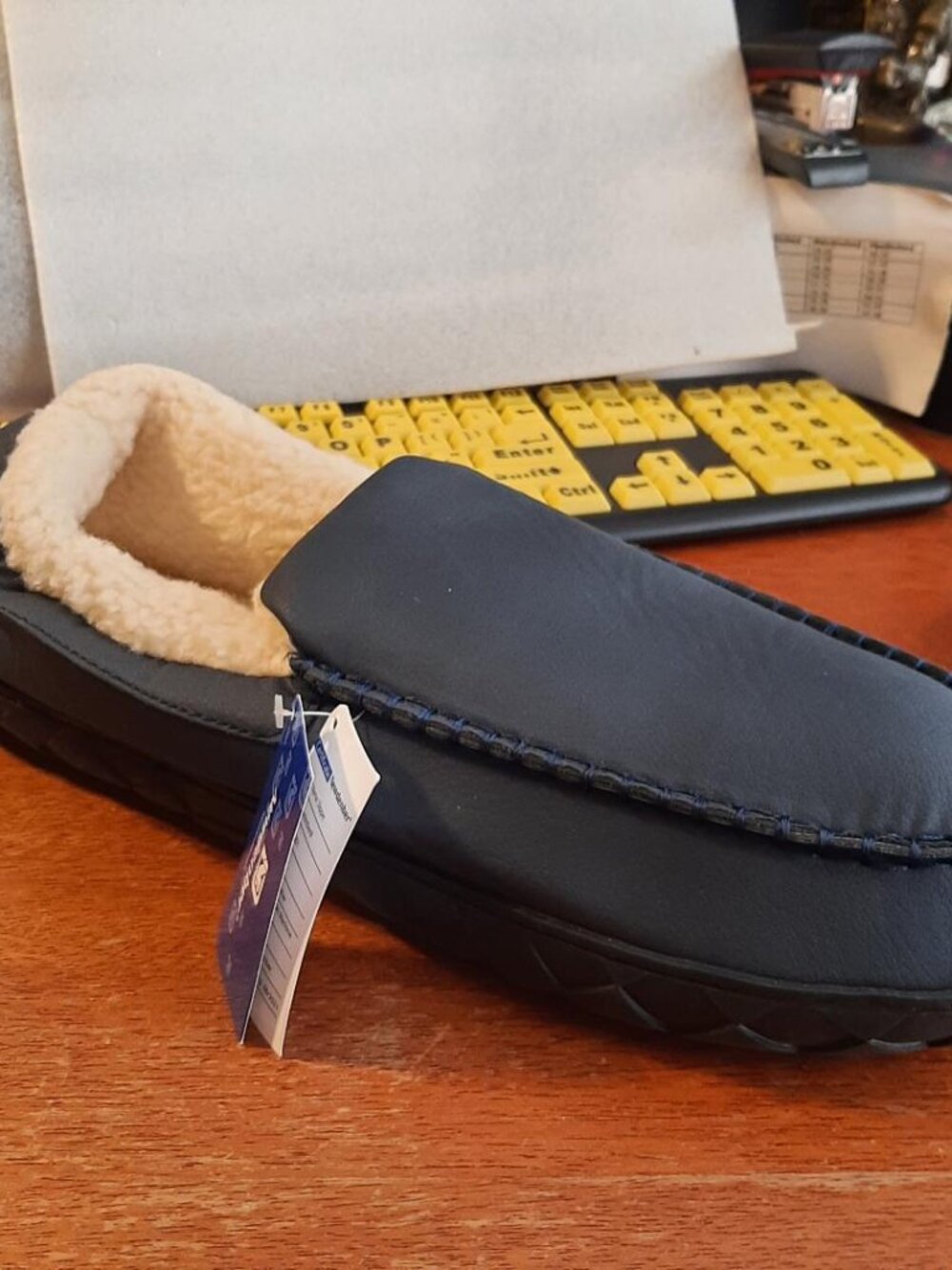 NEW TAG ! Newdenber Men Navy Blue Slippers Faux Leather & Fur MS2201 SzUS40/EU50